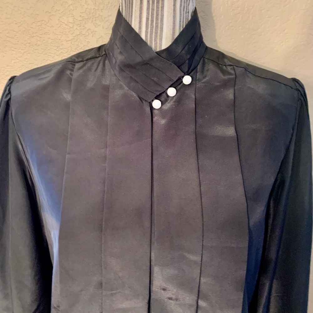 Vintage Blouse Size 8 Susan Hutton Black Satin White Buttons Long Sleeve Classy - Picture 7 of 16